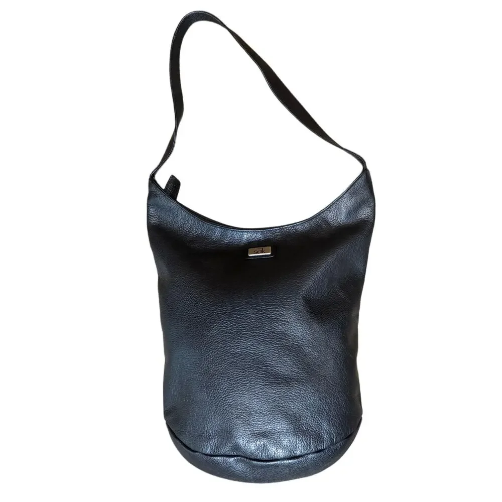 The Sak Hobo Purse Pure Leather Black Pebbled Zip Top Handbag Shoulder Bag
