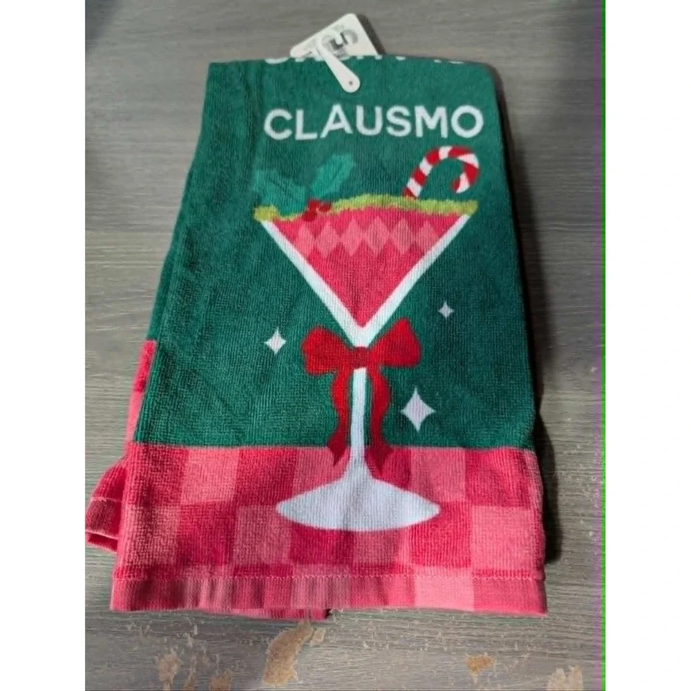 Celebrate It Clausmo Christmas Martini Kitchen Towel Green Pink Checkered New