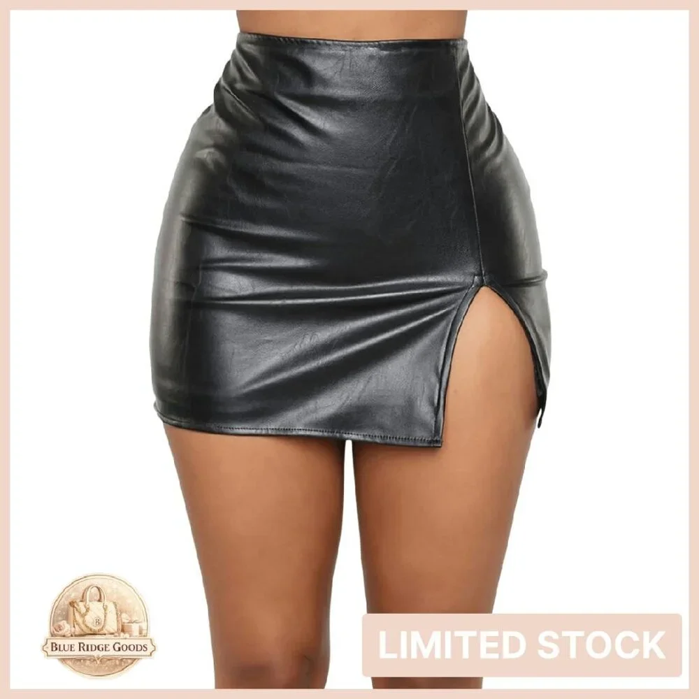PU Leather Bodycon Skirt High Waisted Stretchy Asymmetrical Split Hem Mini