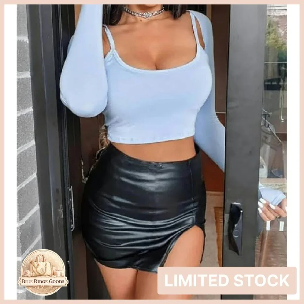 PU Leather Bodycon Skirt High Waisted Stretchy Asymmetrical Split Hem Mini