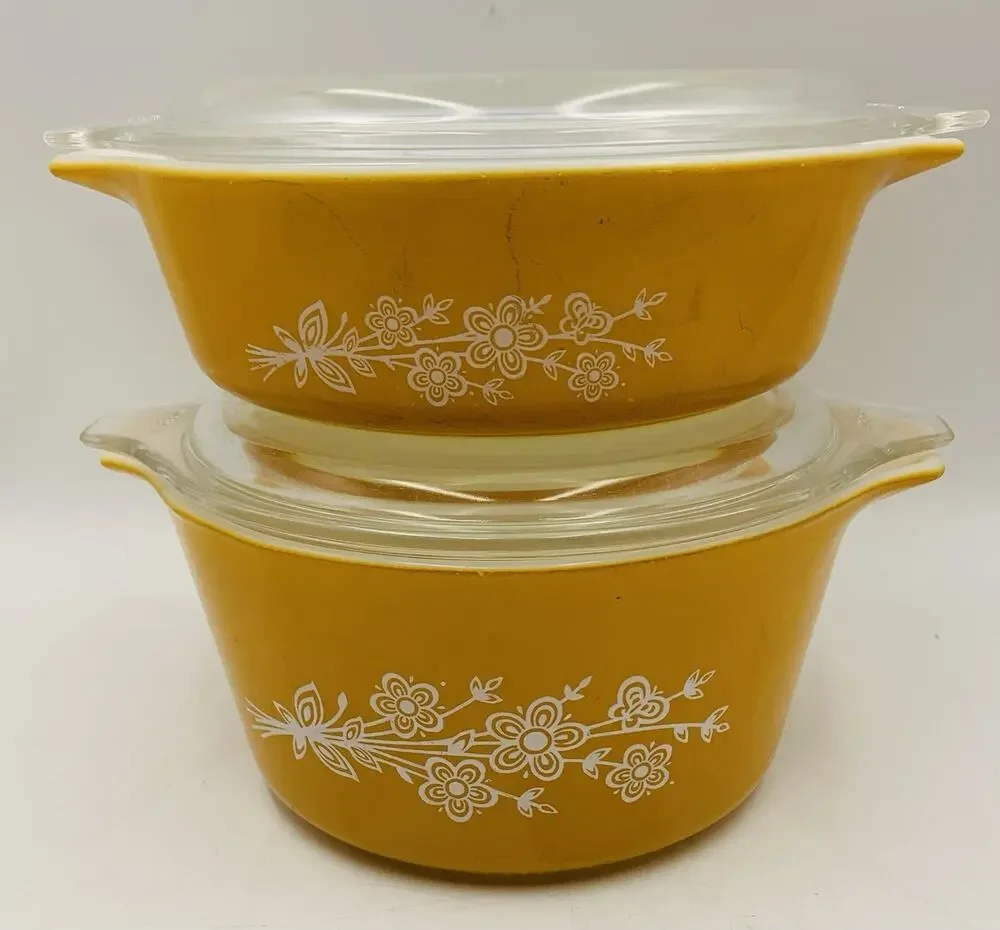 Pyrex Vintage Butterfly Gold Casserole Dishes 1L & 1.5L 473-b 474-b w/ Lids