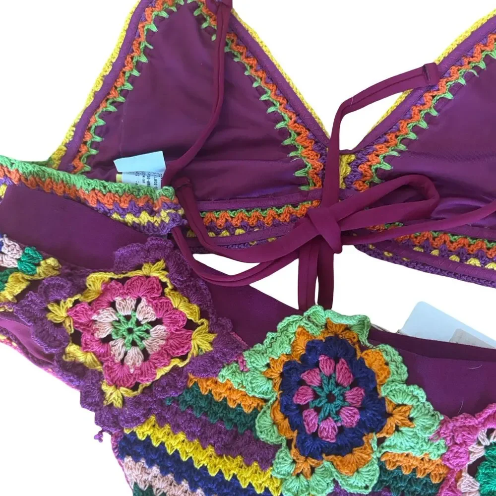 Agua Bendita B. Punto Crochet Bikini Set NWT Multicolor 2 Piece Swimsuit Sz L