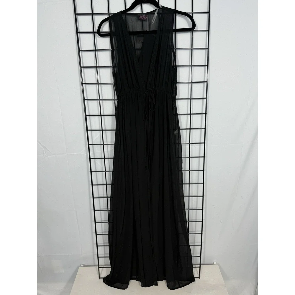 Hot Miami Styles Sheer Mesh Swimsuit Coverup Small Black Maxi Tie Front Belt NEW