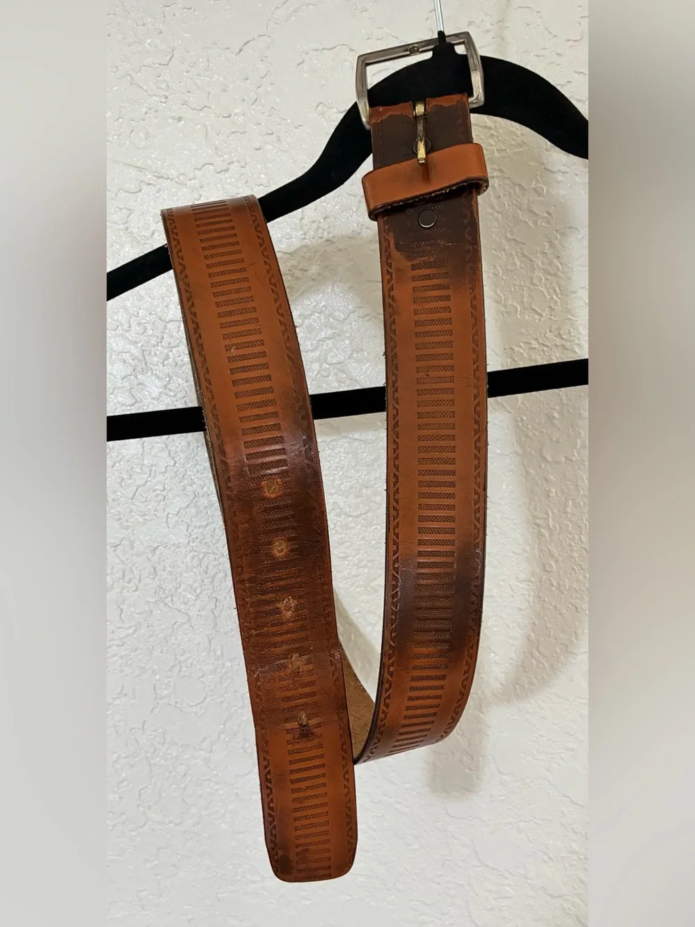 Vintage Tooled Leather Belt Brown Western Handcrafted Rustic Distressed Boho
