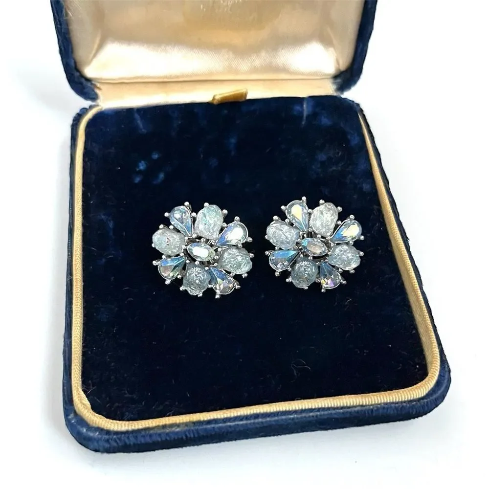 Crown Trifari Etoile Blue Lava Rock AB Clip Earrings