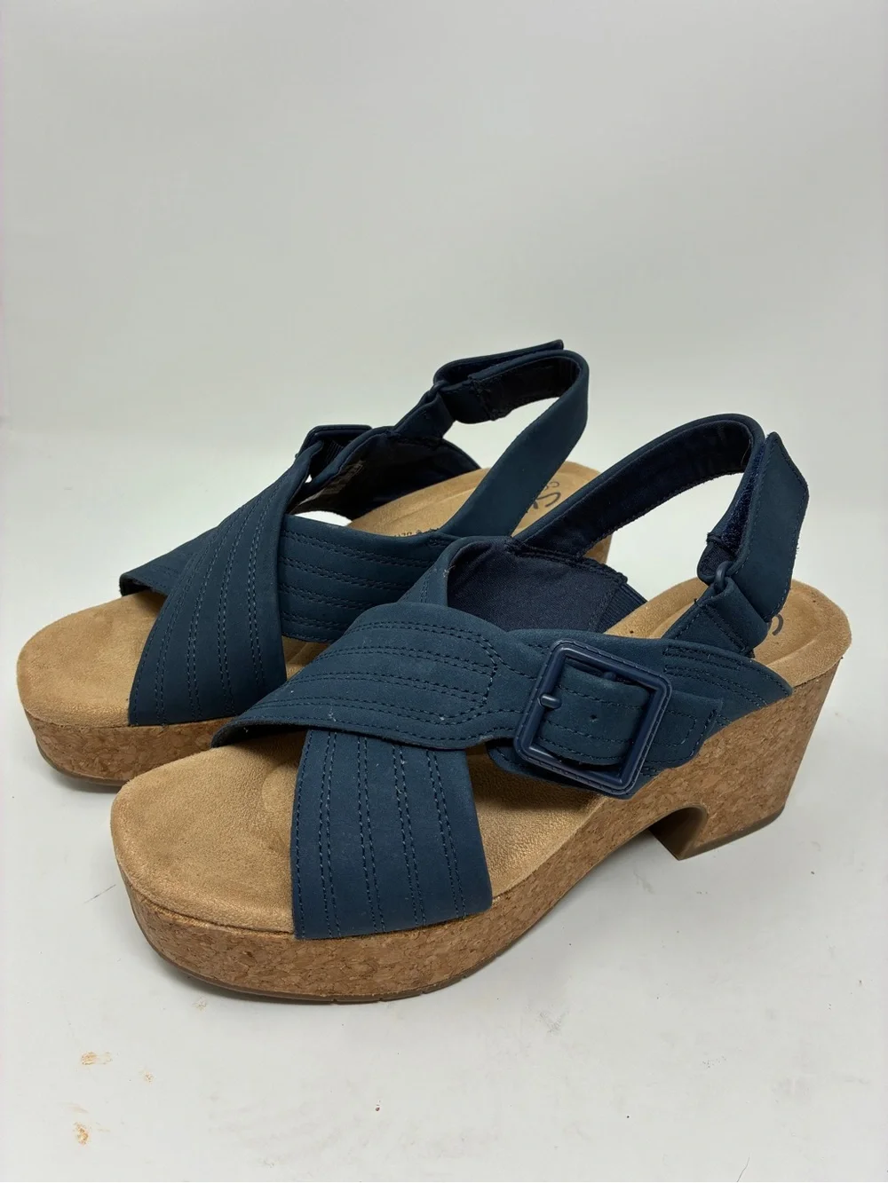 Clarks Collection Women’s Navy Crisscross Cork Platform Sandals 7