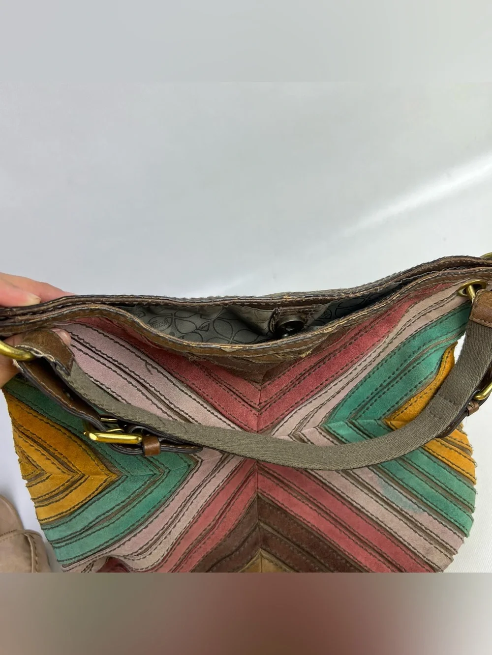 Vintage Fossil Y2K Crossbody Bag Boho Chevron Leather Suede Purse