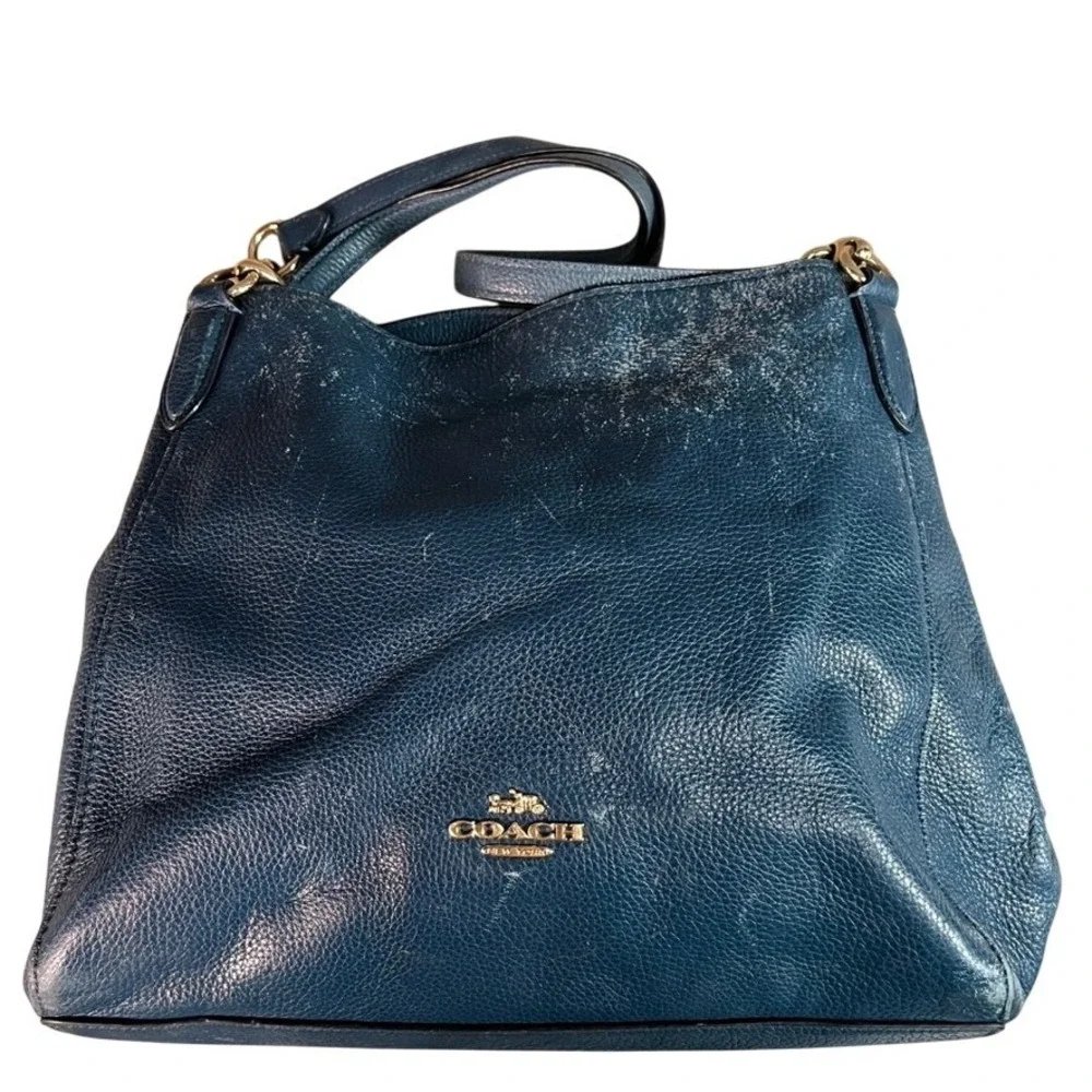 Coach Pebbled Leather Shoulder Bag Teal Blue Gold Hardware Slouchy Hobo