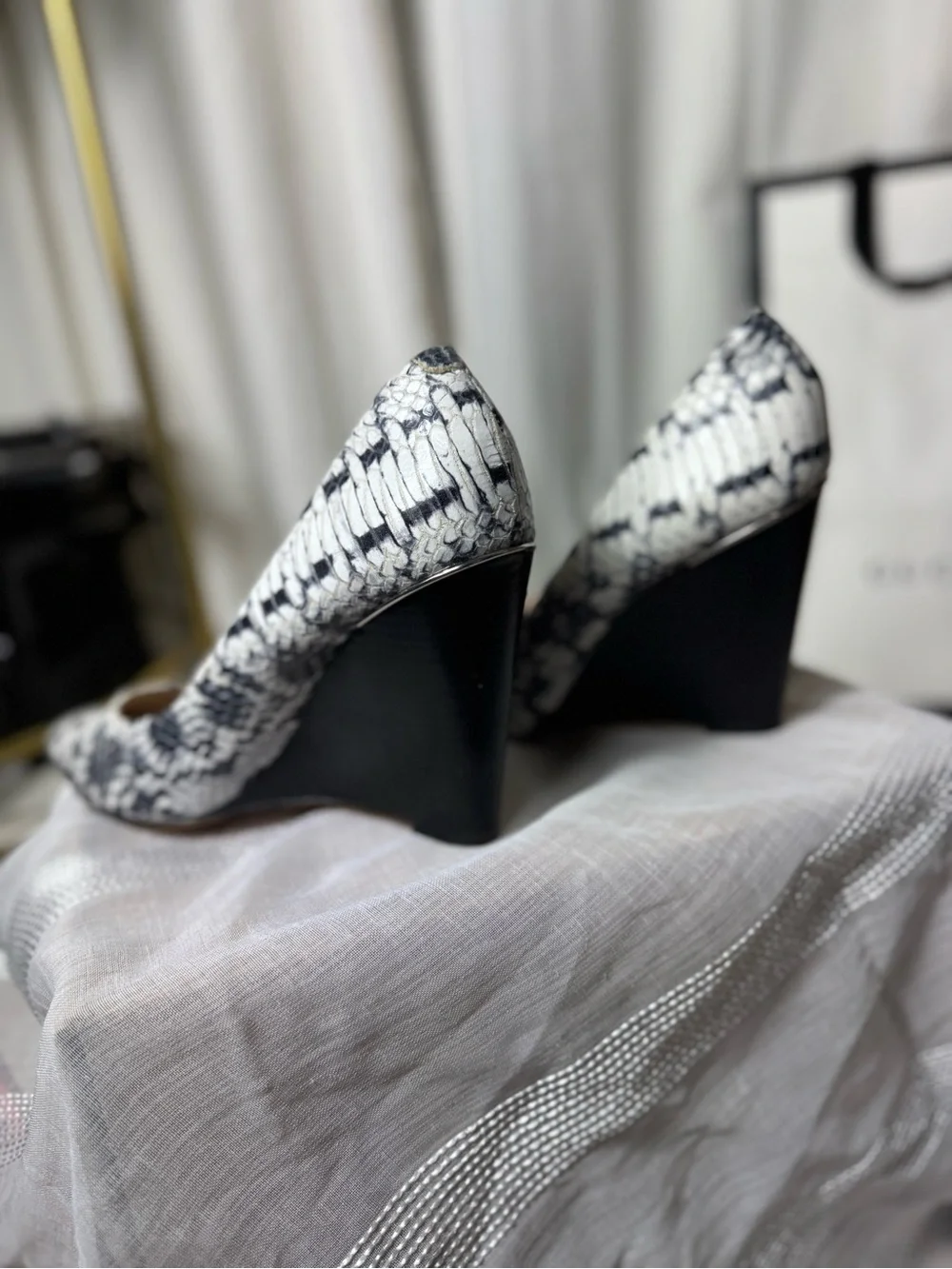 Coach Black and White Snakeskin Pointed Wedge Pumps