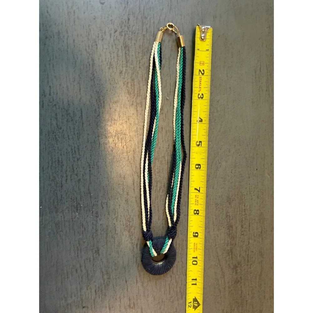 Vintage Nautical Multi Strand Braided Cord Necklace Navy Teal White Gold Tone