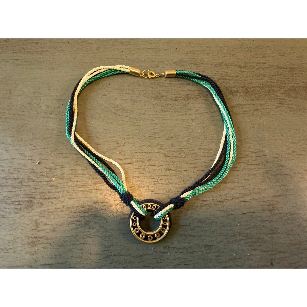 Vintage Nautical Multi Strand Braided Cord Necklace Navy Teal White Gold Tone