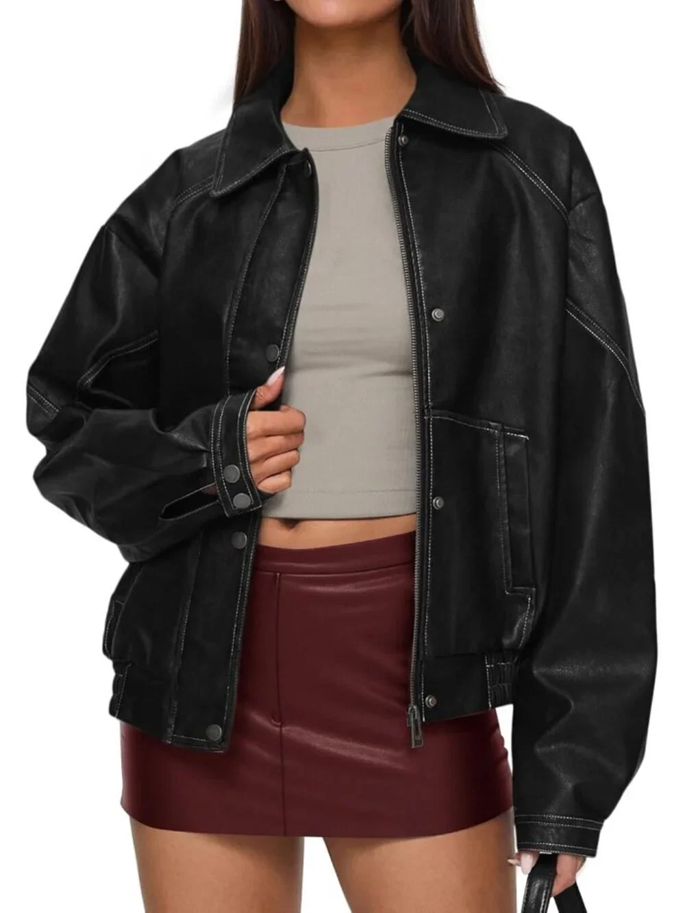 Women's Bomber Motorcycle Zip Up Jackets Oversized Faux Leather Jacket Black