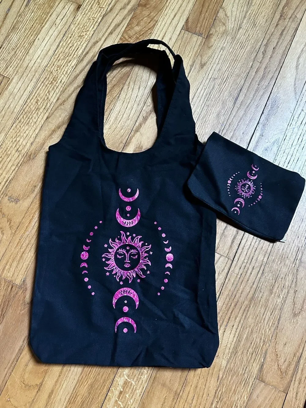 Black Tote & matching coin purse with Pink Sun & Moon Design