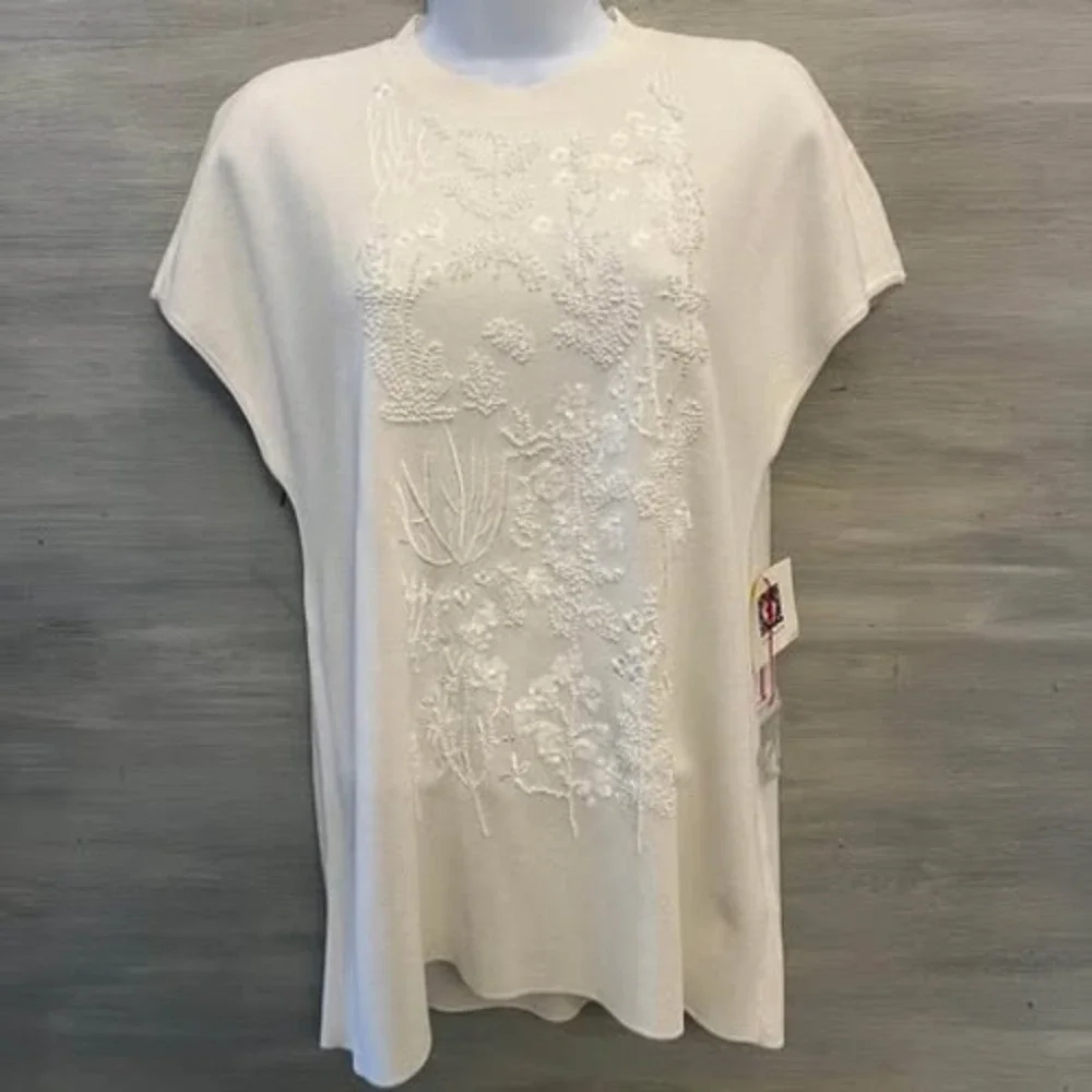 Anne‎ Klein White Knit Floral Embellished Cap Sleeve Sweater Medium GC