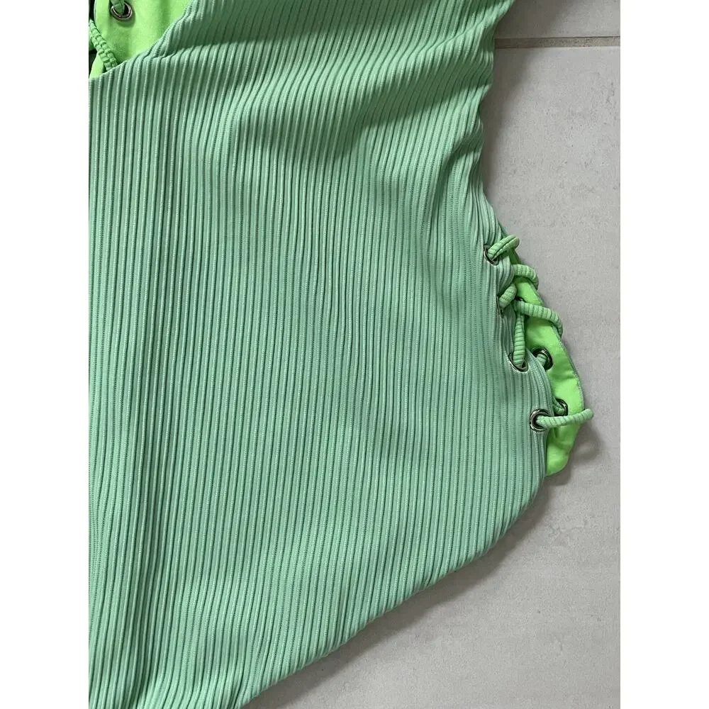 Coastal Waves Swim One Piece Swimsuit Ribbed Lace Up Swimwear