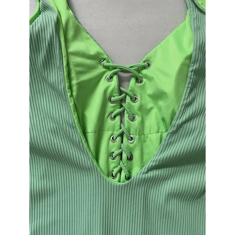 Coastal Waves Swim One Piece Swimsuit Ribbed Lace Up Swimwear