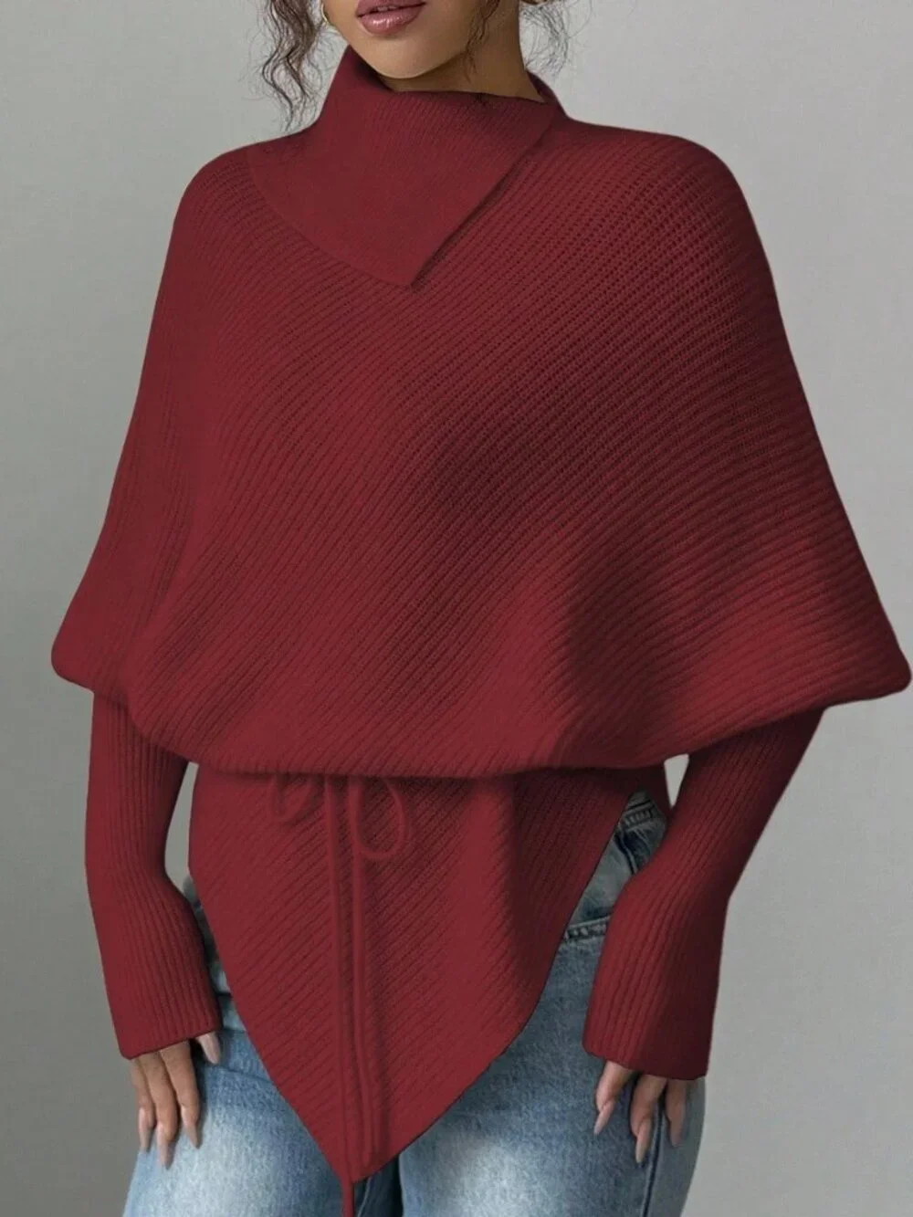 Red Casual Women's High Neck Batwing Sleeve Asymmetrical Hem Tie Waist Sweater