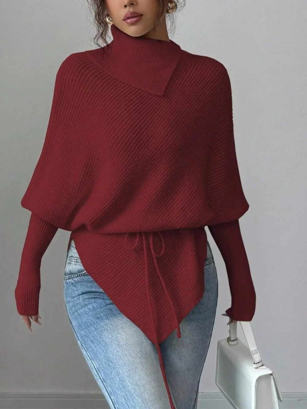 Red Casual Women's High Neck Batwing Sleeve Asymmetrical Hem Tie Waist Sweater