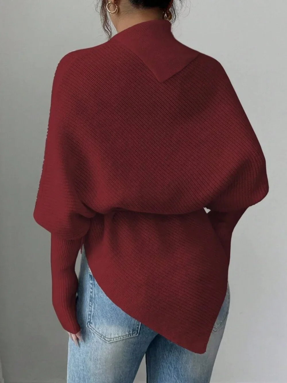 Red Casual Women's High Neck Batwing Sleeve Asymmetrical Hem Tie Waist Sweater