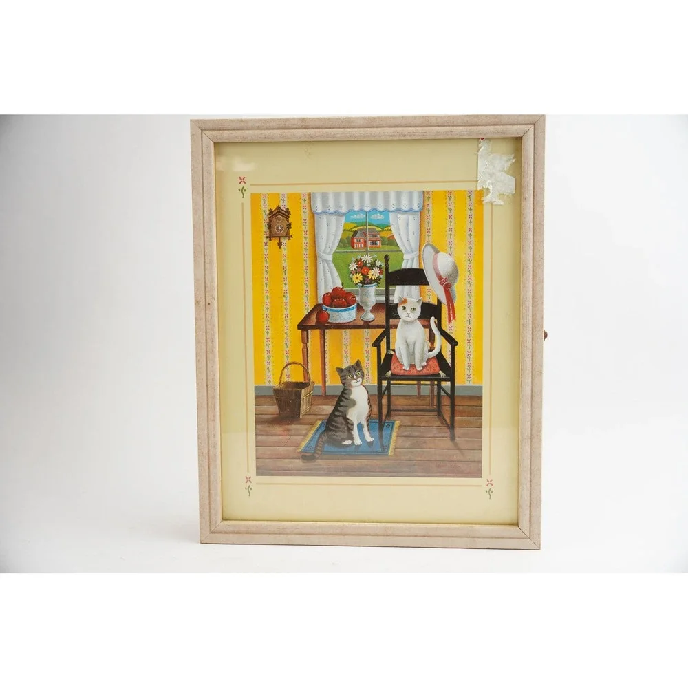 Steven Klein Cat Print Wooden Wall Cabinet Small Tan Cork Board Shelves Good‎