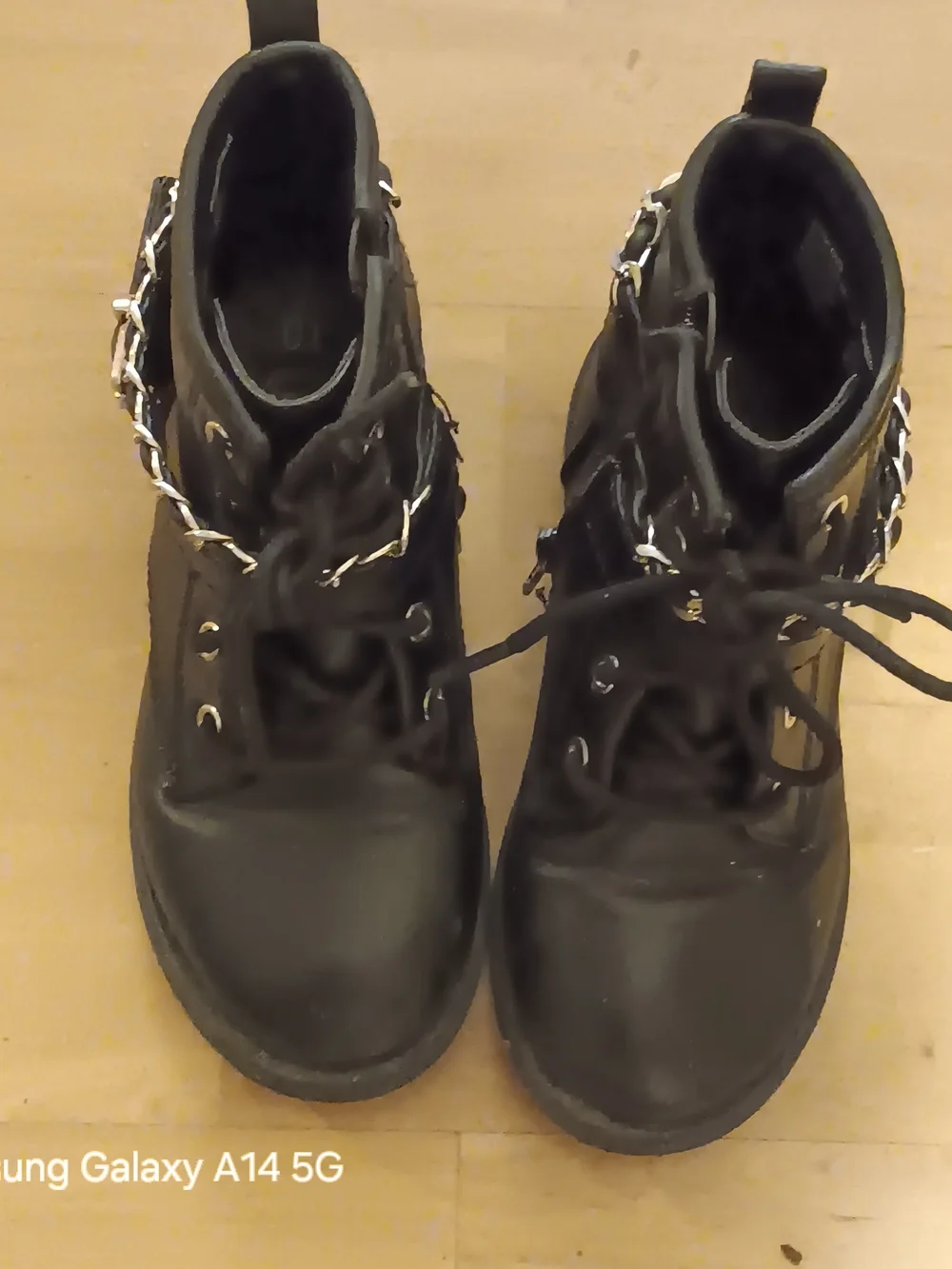 wonder nation Black Lace-Up Kids Ankle Boots with Chain Accent