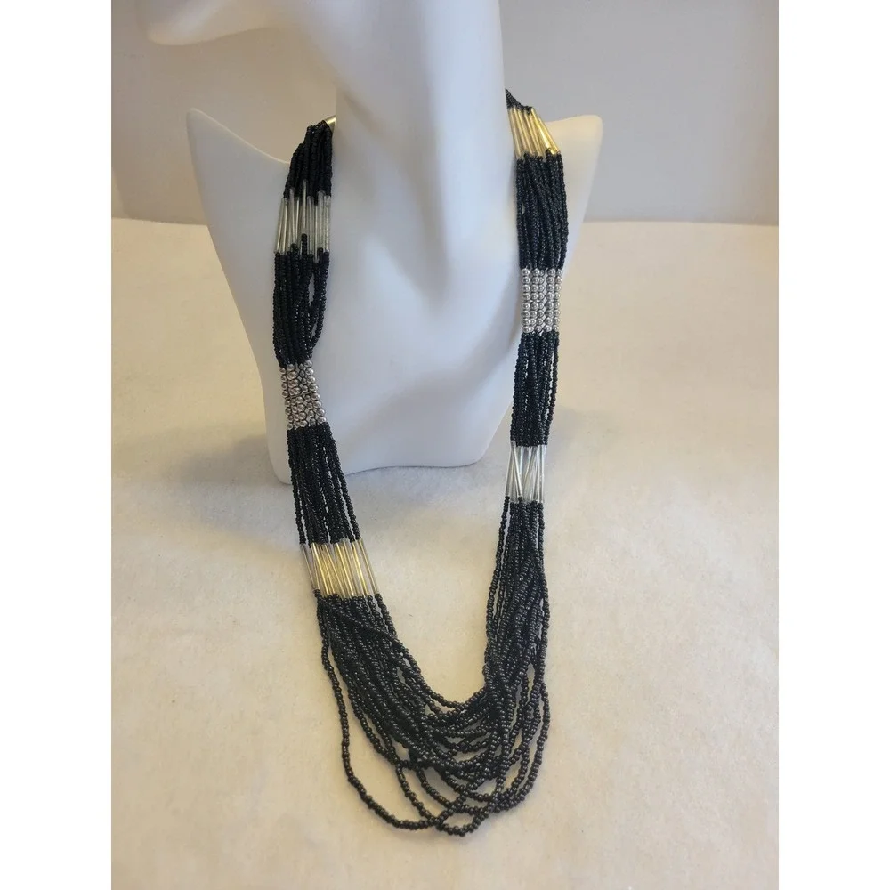 Vtg 90s Multi‎ Strand Seed Bead Necklace OS Black layered Statement Jewelry