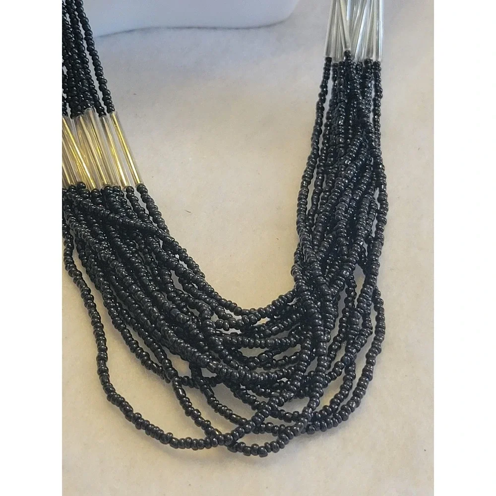 Vtg 90s Multi‎ Strand Seed Bead Necklace OS Black layered Statement Jewelry