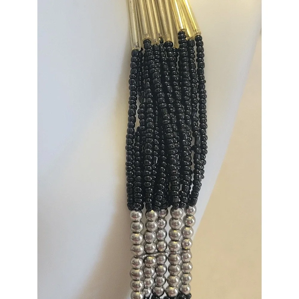 Vtg 90s Multi‎ Strand Seed Bead Necklace OS Black layered Statement Jewelry