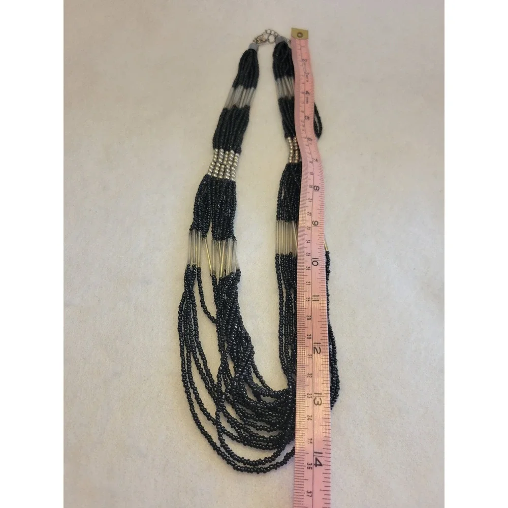 Vtg 90s Multi‎ Strand Seed Bead Necklace OS Black layered Statement Jewelry