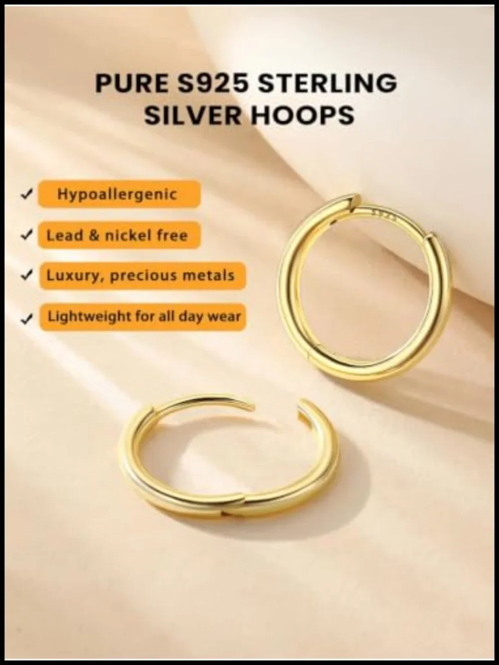 Sterling Silver Hoop Earrings 6 Size Set 8-20mm Huggie Hypoallergenic Gold