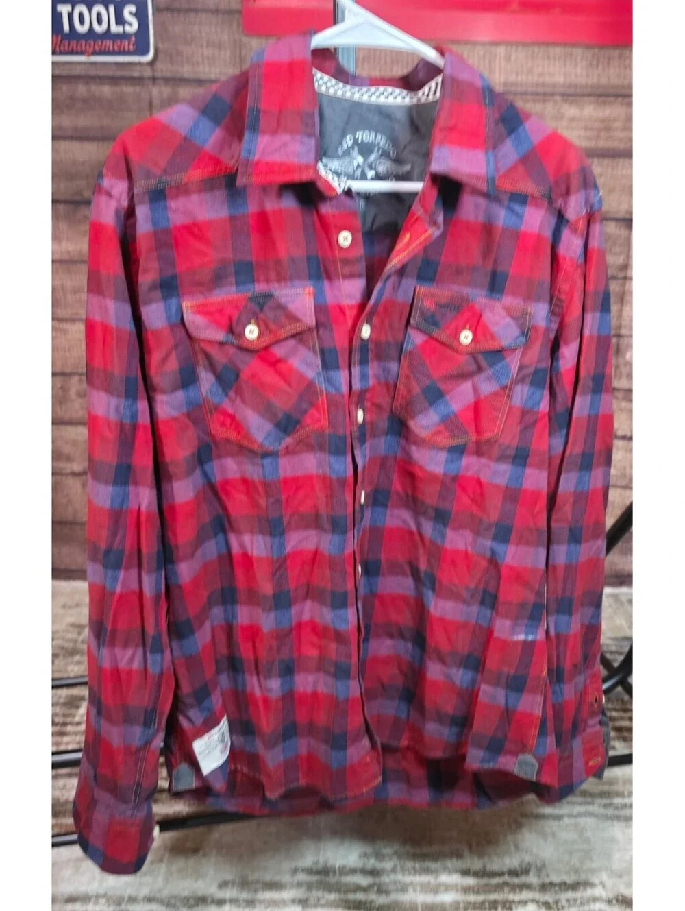 Red Torpedo Men's XL Red and Blue Plaid Button-Up Shirt