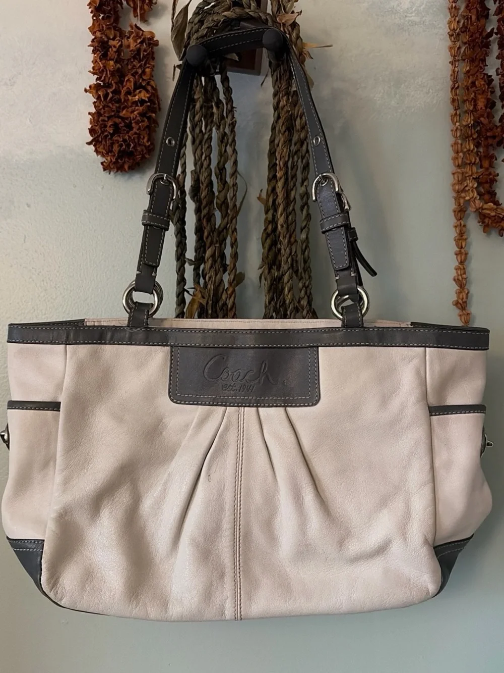 Coach Beige and Dark Grey Leather Shoulder Tote