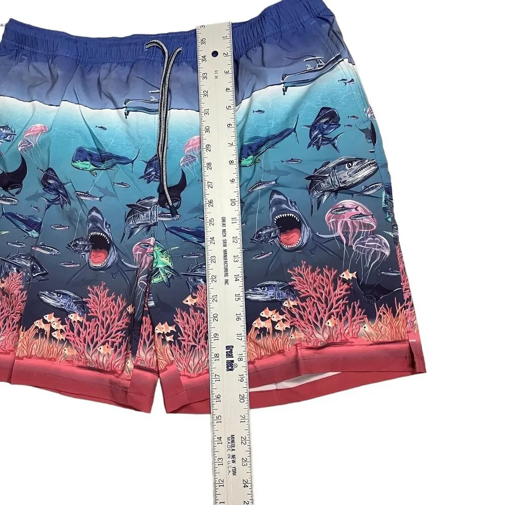 Peter Millar Swim Trunks Men’s XL Blue Shorts Ocean Fish Island Shark Boat Beach