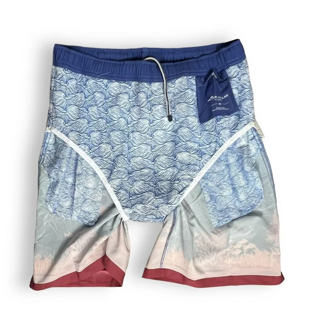 Peter Millar Swim Trunks Men’s XL Blue Shorts Ocean Fish Island Shark Boat Beach