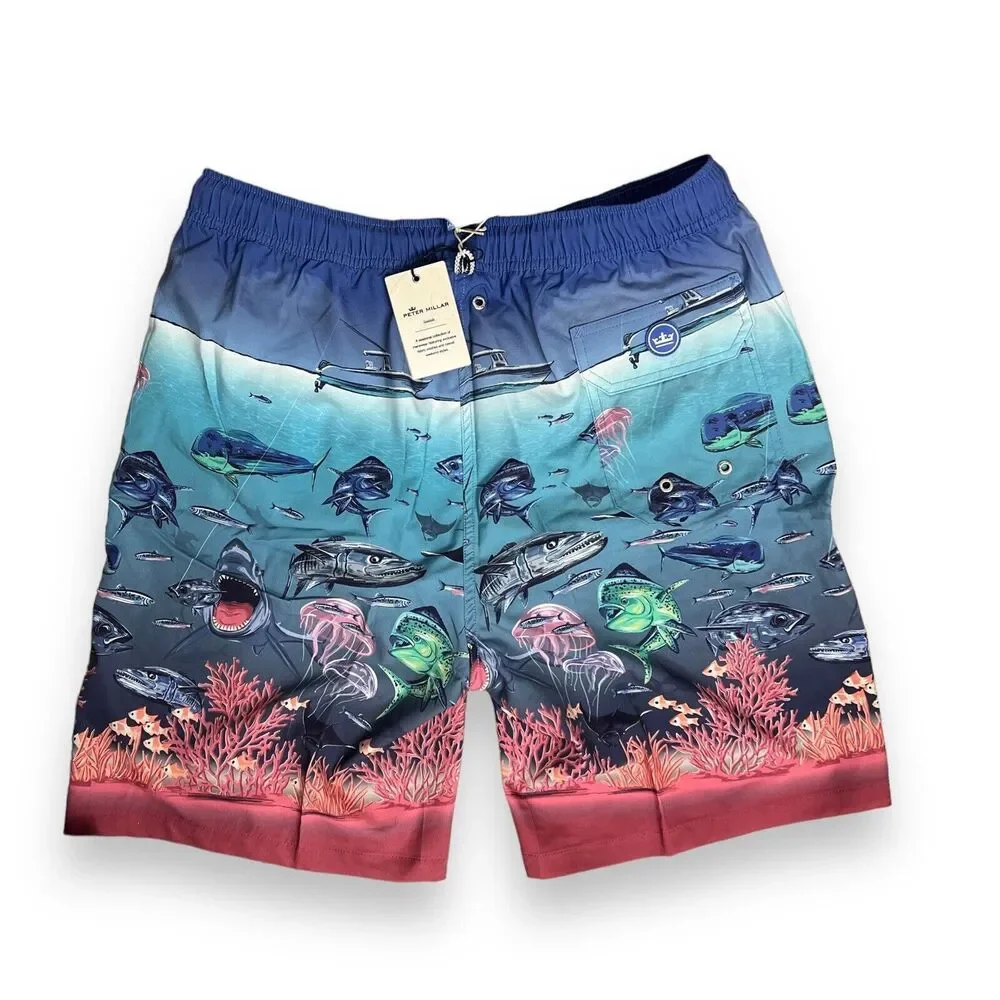Peter Millar Swim Trunks Men’s XL Blue Shorts Ocean Fish Island Shark Boat Beach