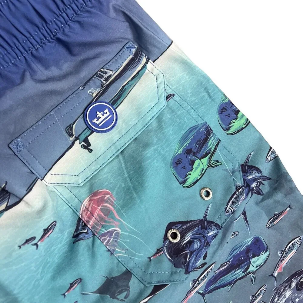 Peter Millar Swim Trunks Men’s XL Blue Shorts Ocean Fish Island Shark Boat Beach