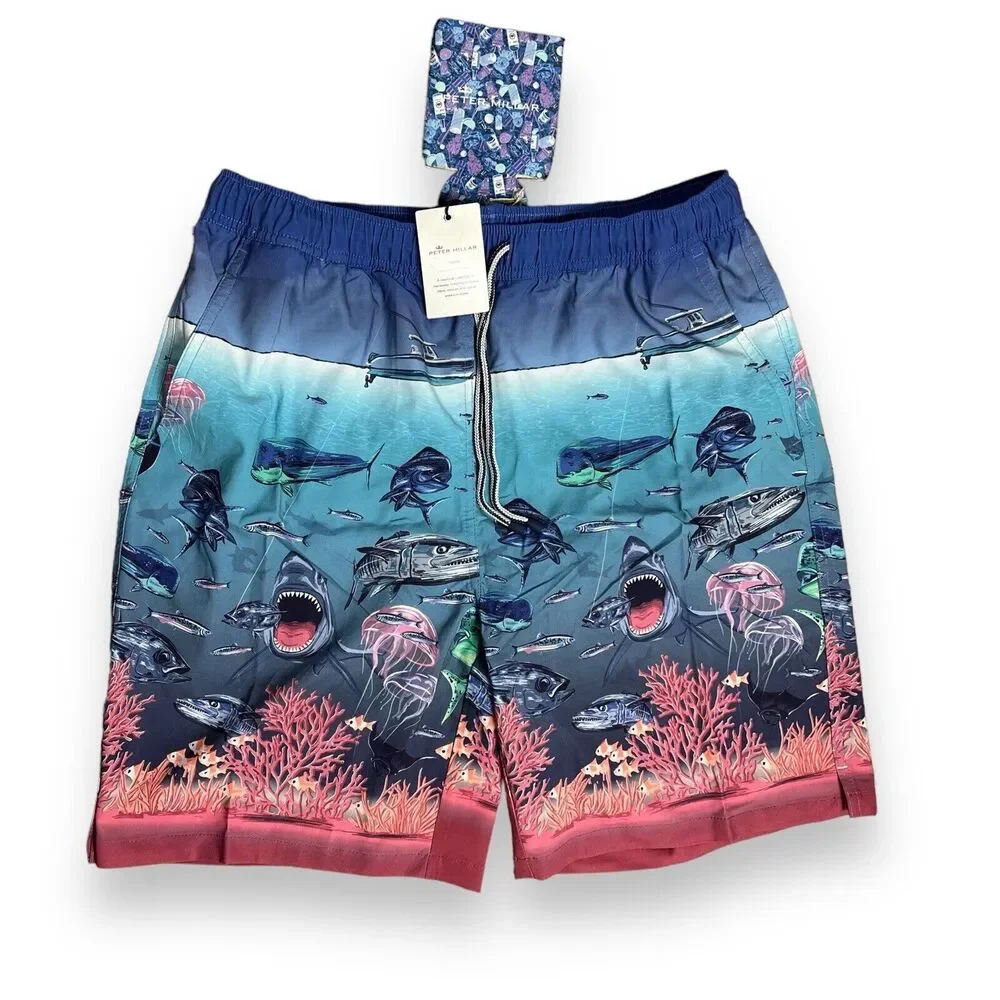 Peter Millar Swim Trunks Men’s XL Blue Shorts Ocean Fish Island Shark Boat Beach