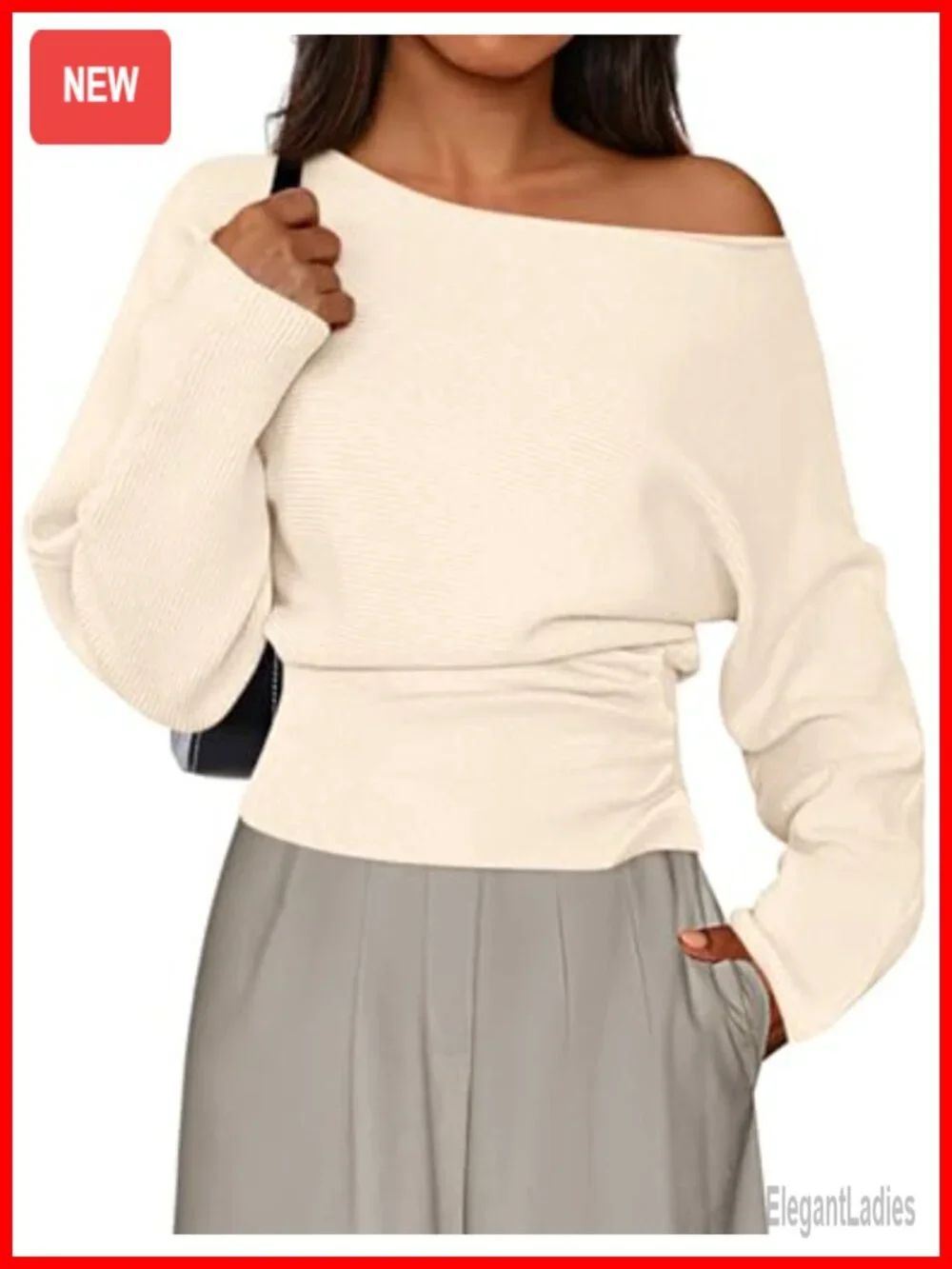 Off Shoulder Ribbed Knit Sweater Pullover Batwing Sleeve Cinched Waist Fall
