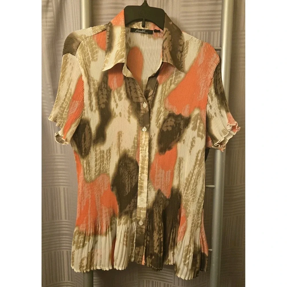 Essentials by Milano Women's XL Abstract Multicolor Pleated Cap Sleeve‎ Blouse
