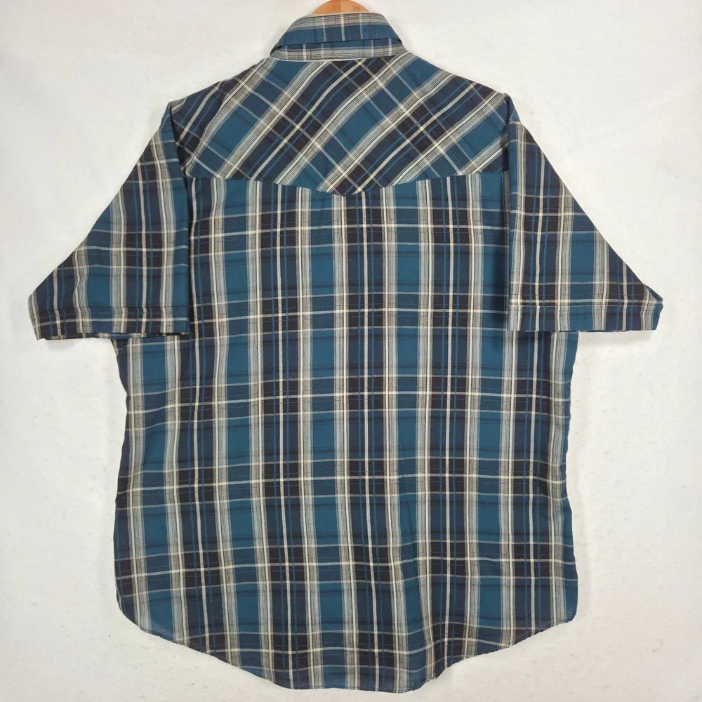 Ely Cattleman Mens XL Blue Plaid Western Short Sleeve Pearl Snap Cowboy Shirt