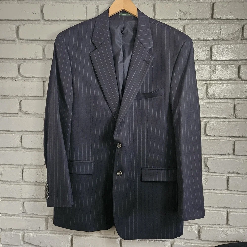Ralph‎ Lauren Mens Blazer 46L Navy Wool Pinstripe Sport Coat Suit Jacket