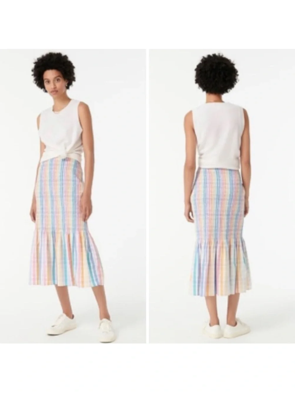 New J. Crew Re-Imagined Pastel Rainbow Striped Smocked Mermaid Midi Skirt size 0