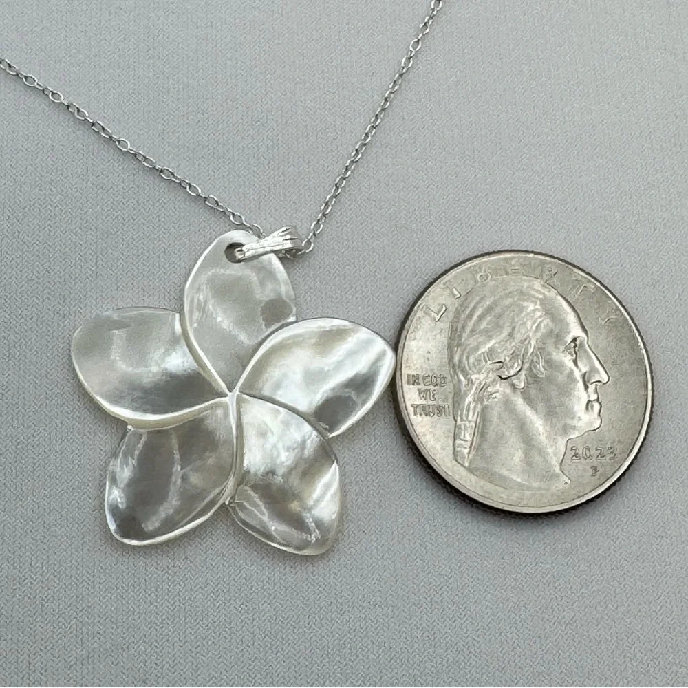 Sterling Silver Mother of Pearl Flower Pendant Necklace 18” Spring Clasp