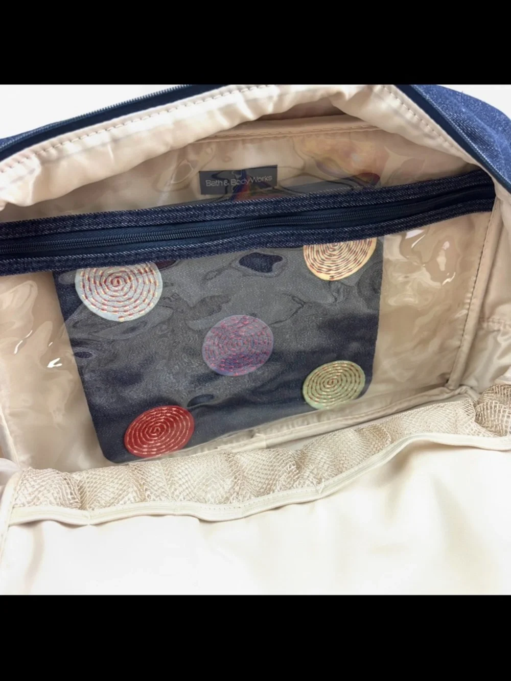 NWT Bath & Body Works Denim Toiletry Bag Makeup Case w/ Bottom‎ Zip Compartment