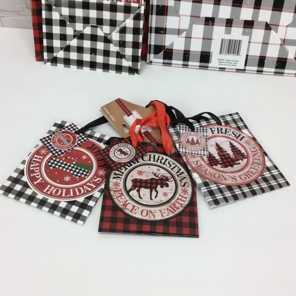 Christmas Gift Bags 7 Piece Set Red/Black Buffalo Check 3 Sizes Ribbon Handles