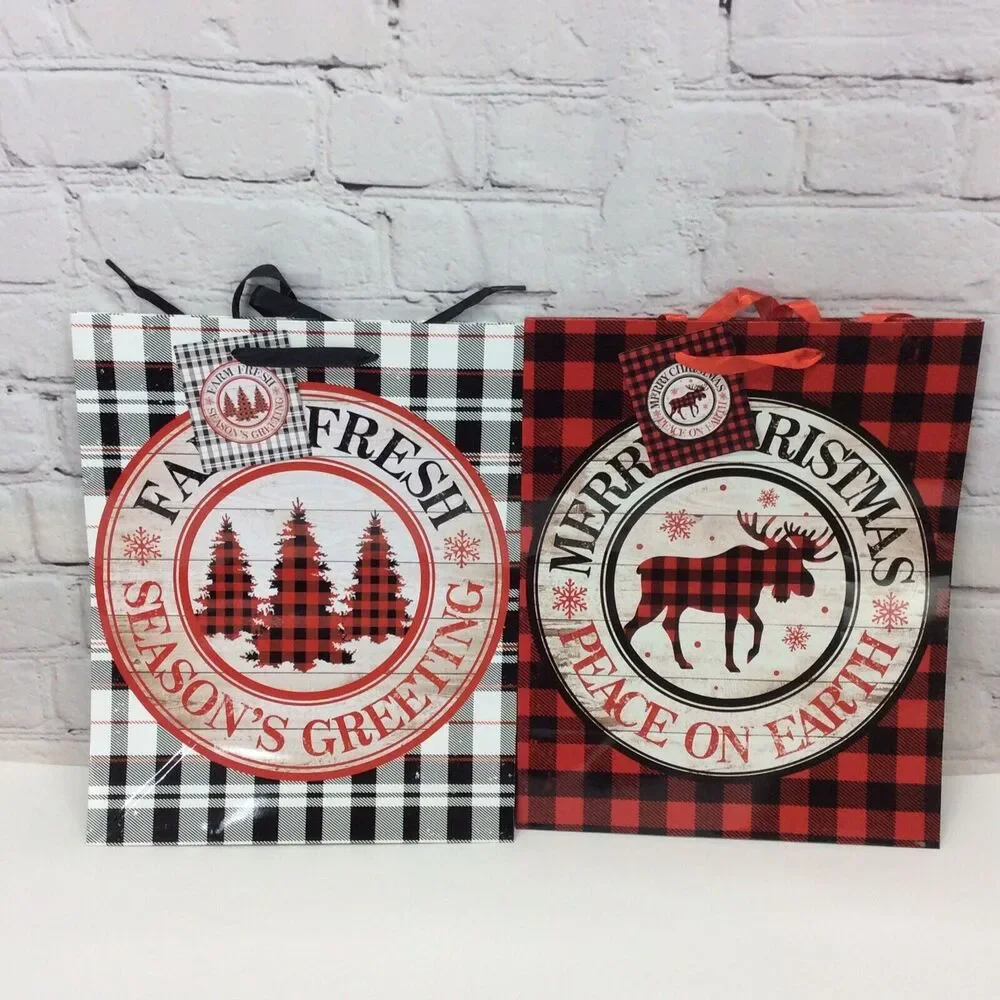 Christmas Gift Bags 7 Piece Set Red/Black Buffalo Check 3 Sizes Ribbon Handles