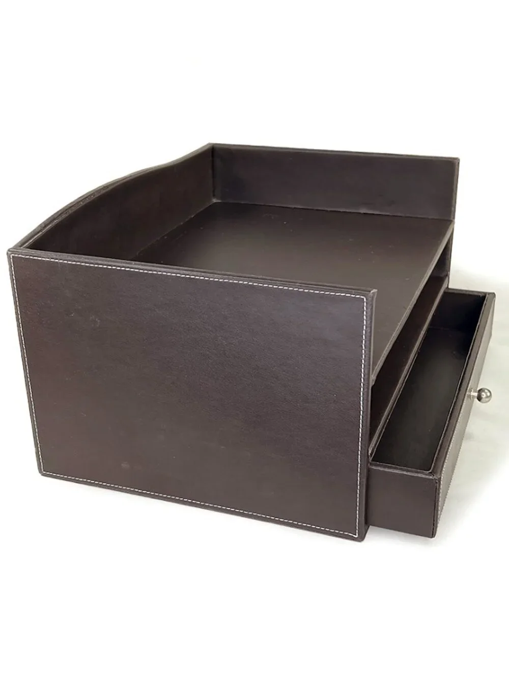 Brown Leather Multi-Tier Desk Organizer