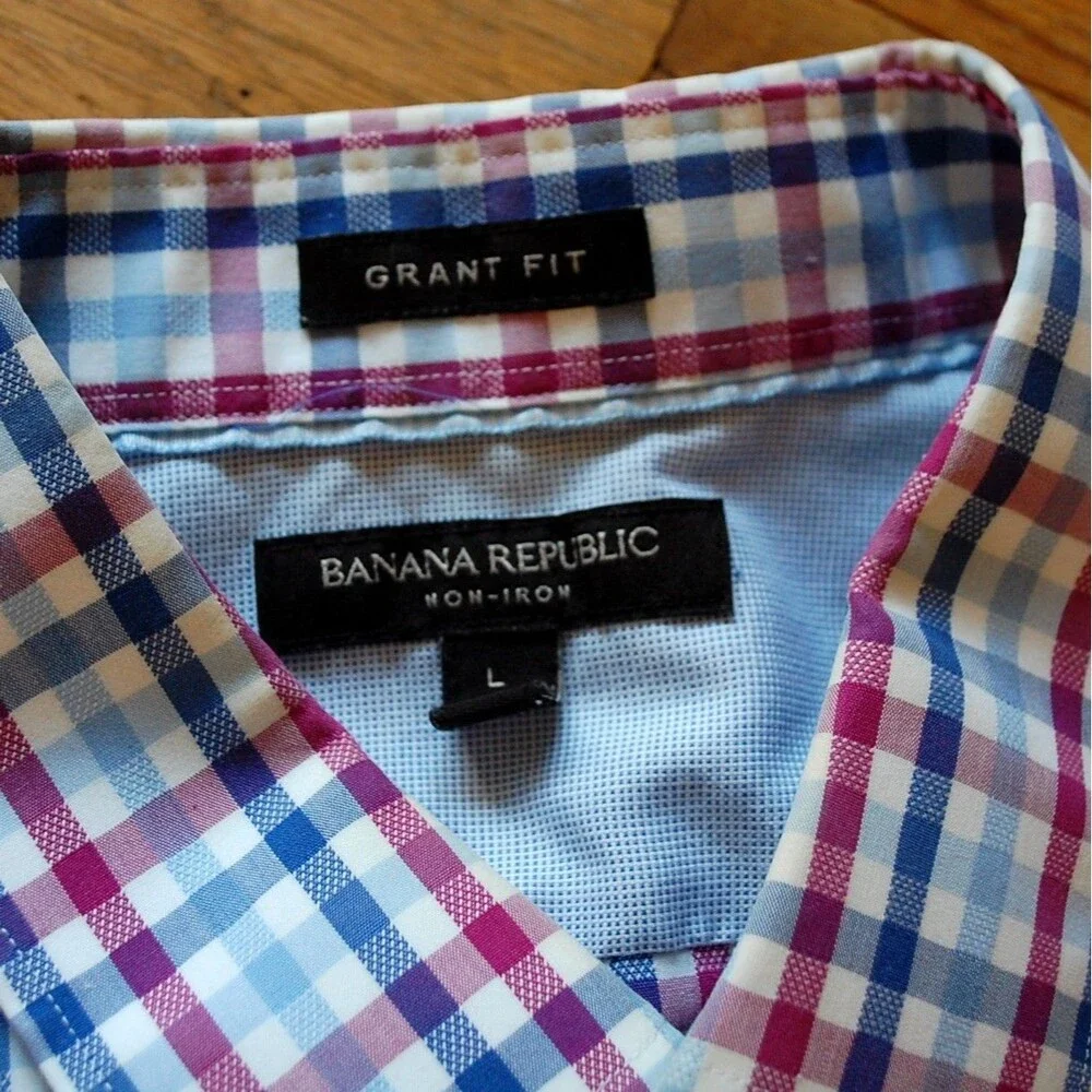Banana Republic Shirt Men’s Large, White Blue Purple Plaid, Button-Up, Grant Fit