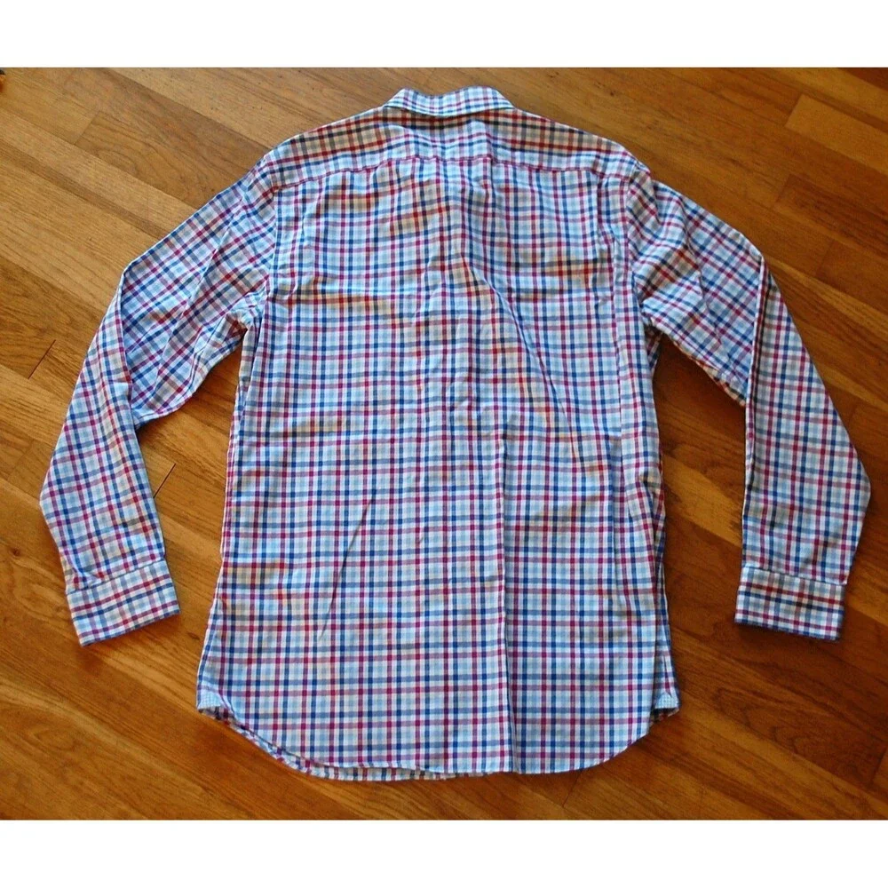 Banana Republic Shirt Men’s Large, White Blue Purple Plaid, Button-Up, Grant Fit