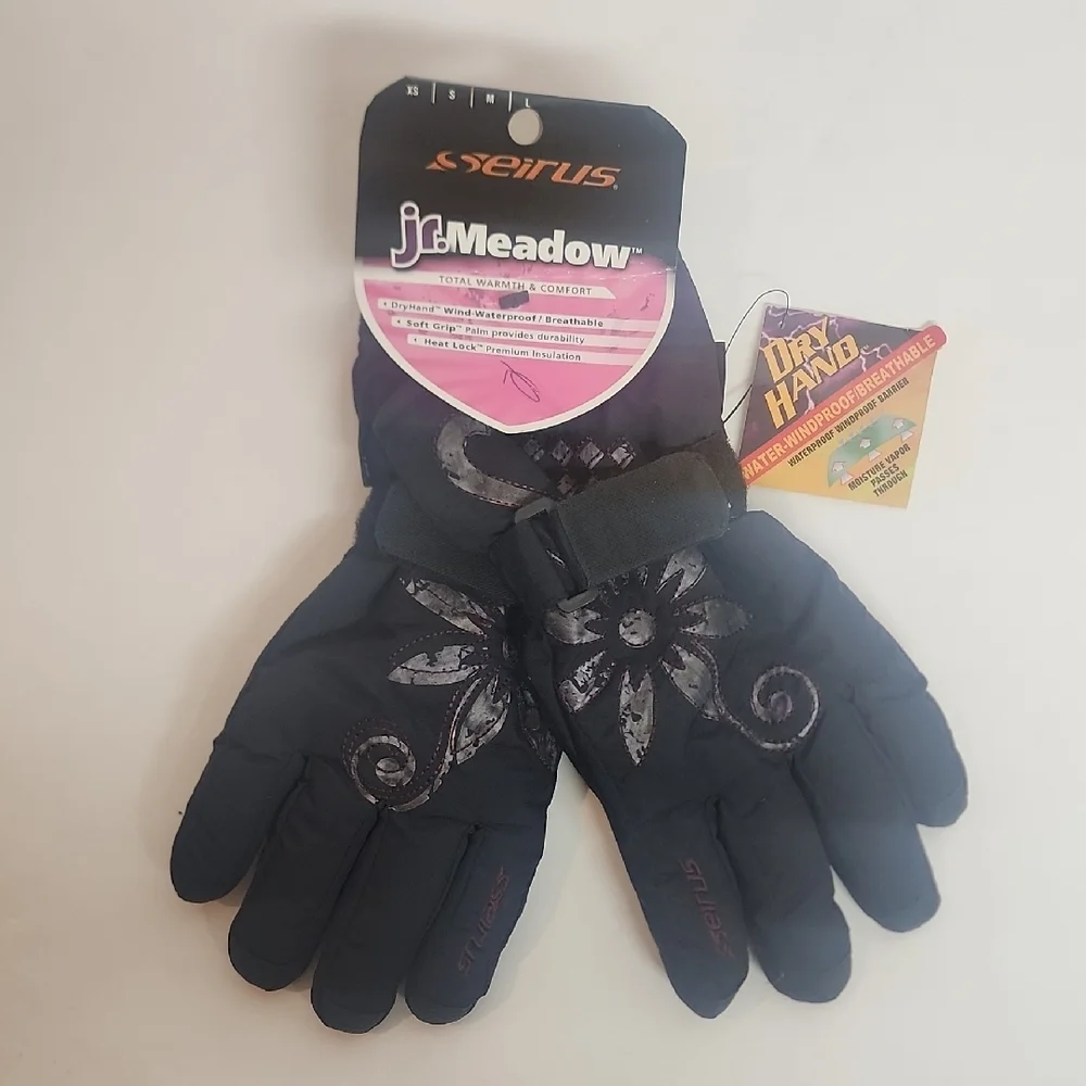 Seirus Sport Chalet 1517 Jr Meadow Black Floral Sz S Winter Gloves